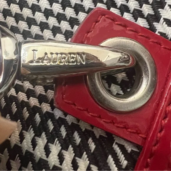 Lauren Ralph Lauren Houndstooth Red Patent Trim Zip Satchel - Picture 2 of 6